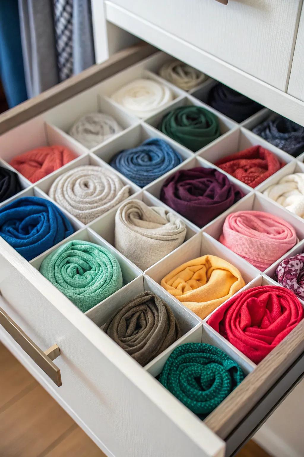 Drawer separators help maintain tidy and accessible scarves.