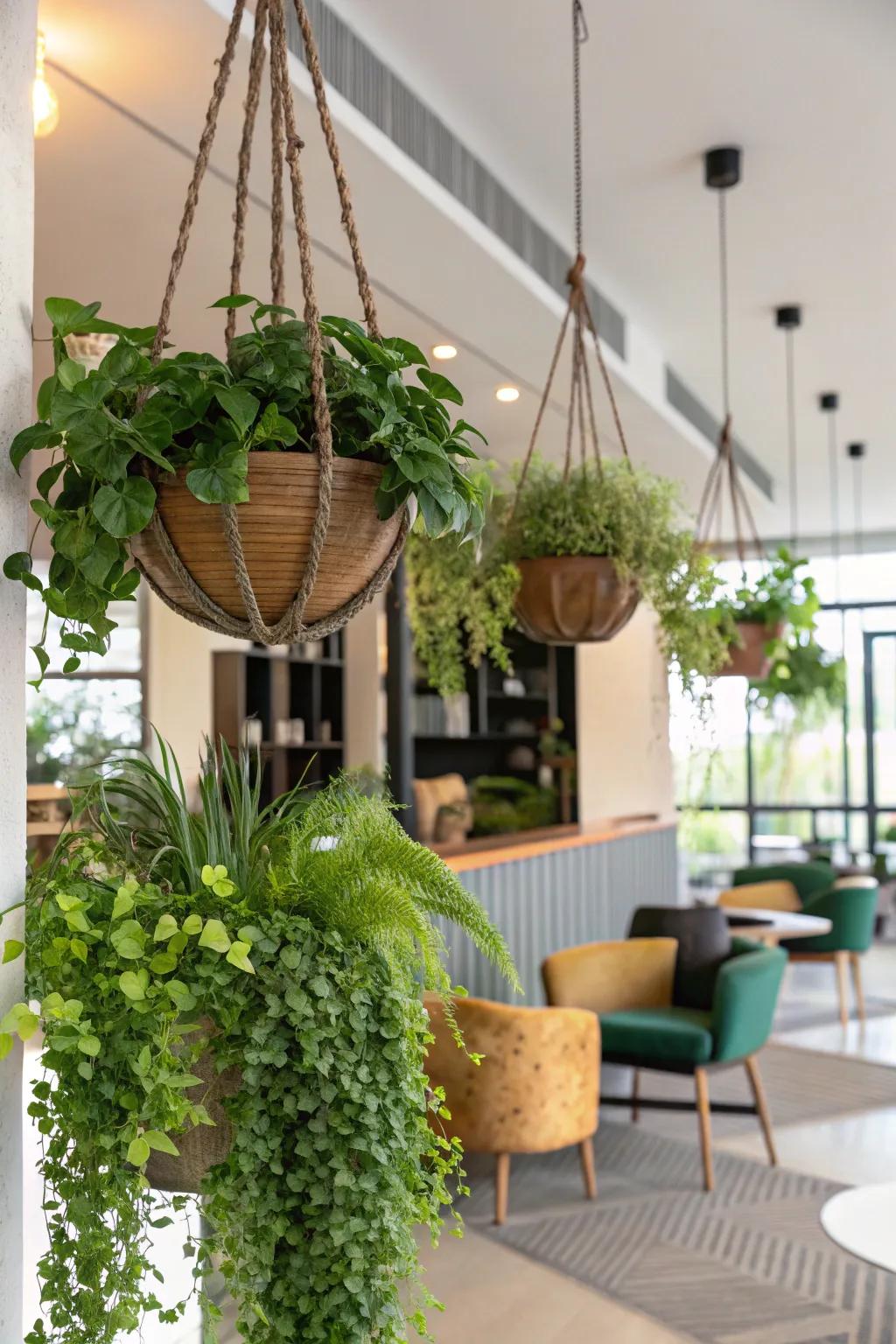 Optimize your vertical dimensions with fashionable suspended baskets.