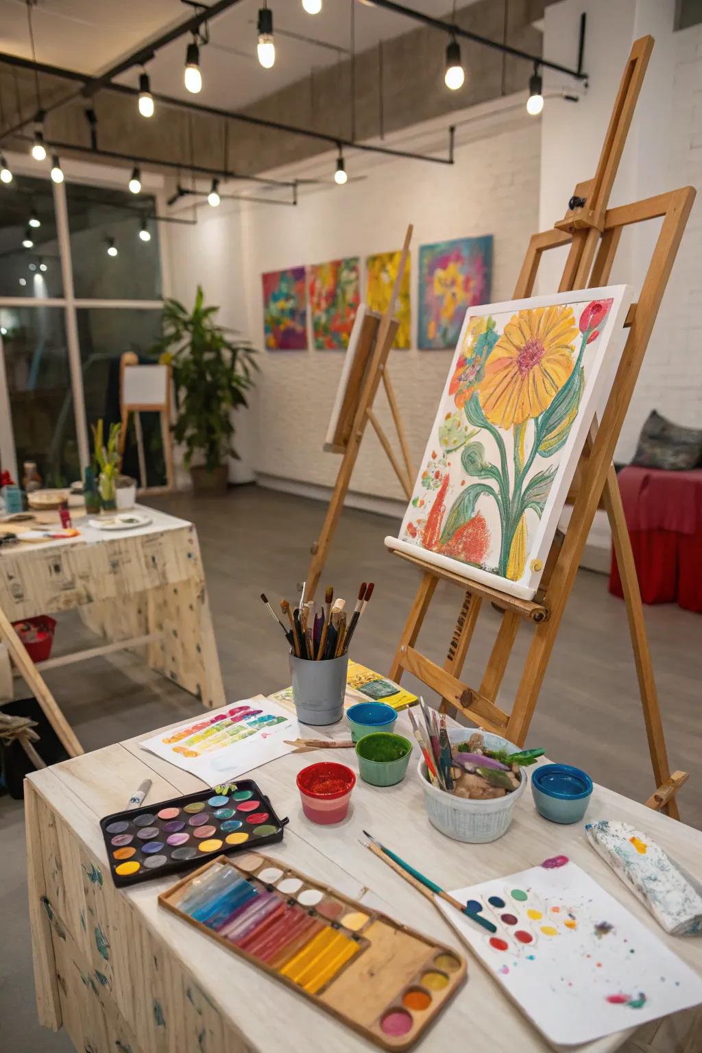 An inspiring art studio setup for a creative birthday party.