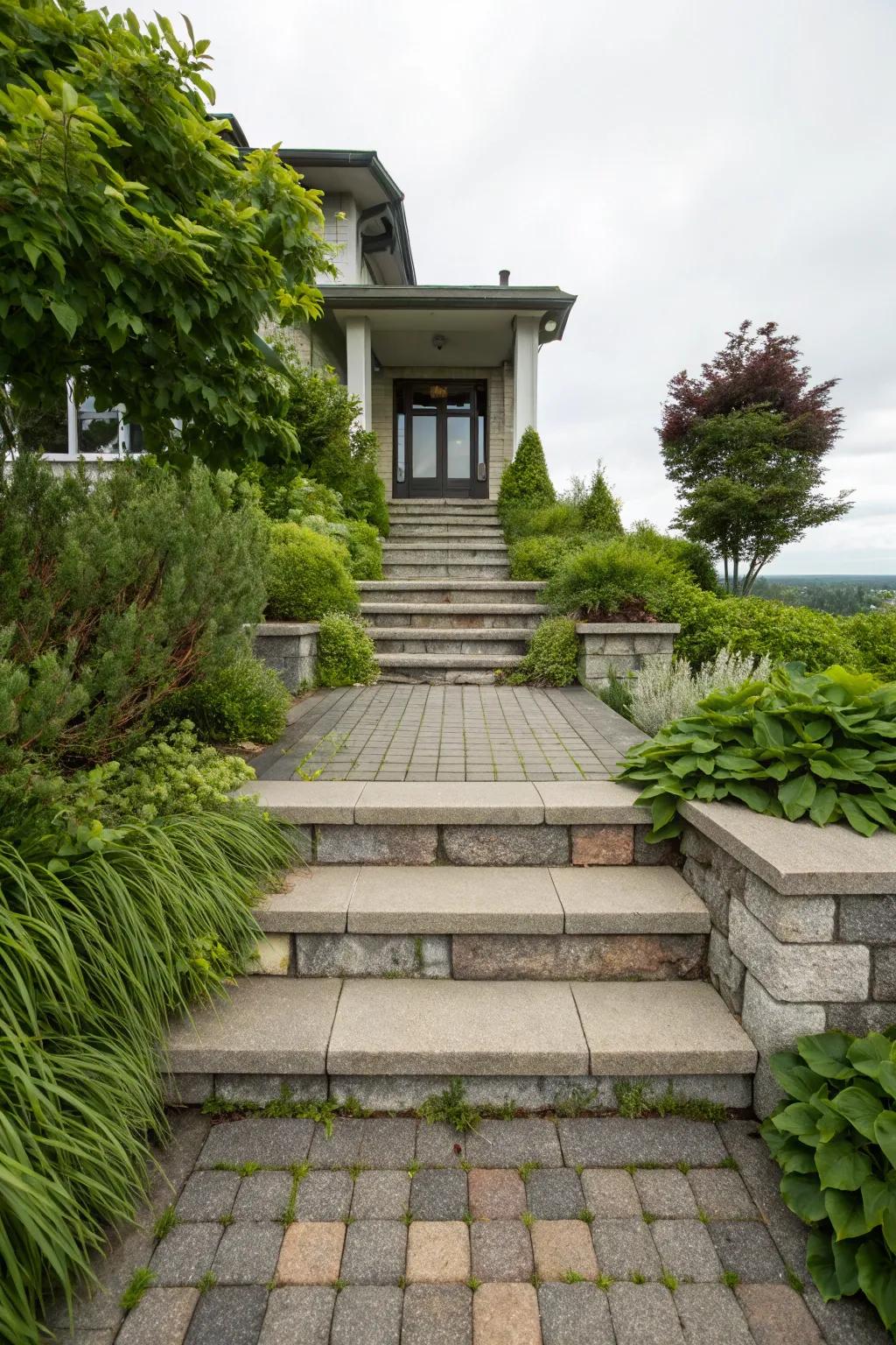 Tiered paver steps add depth and dimension to this inviting entrance.