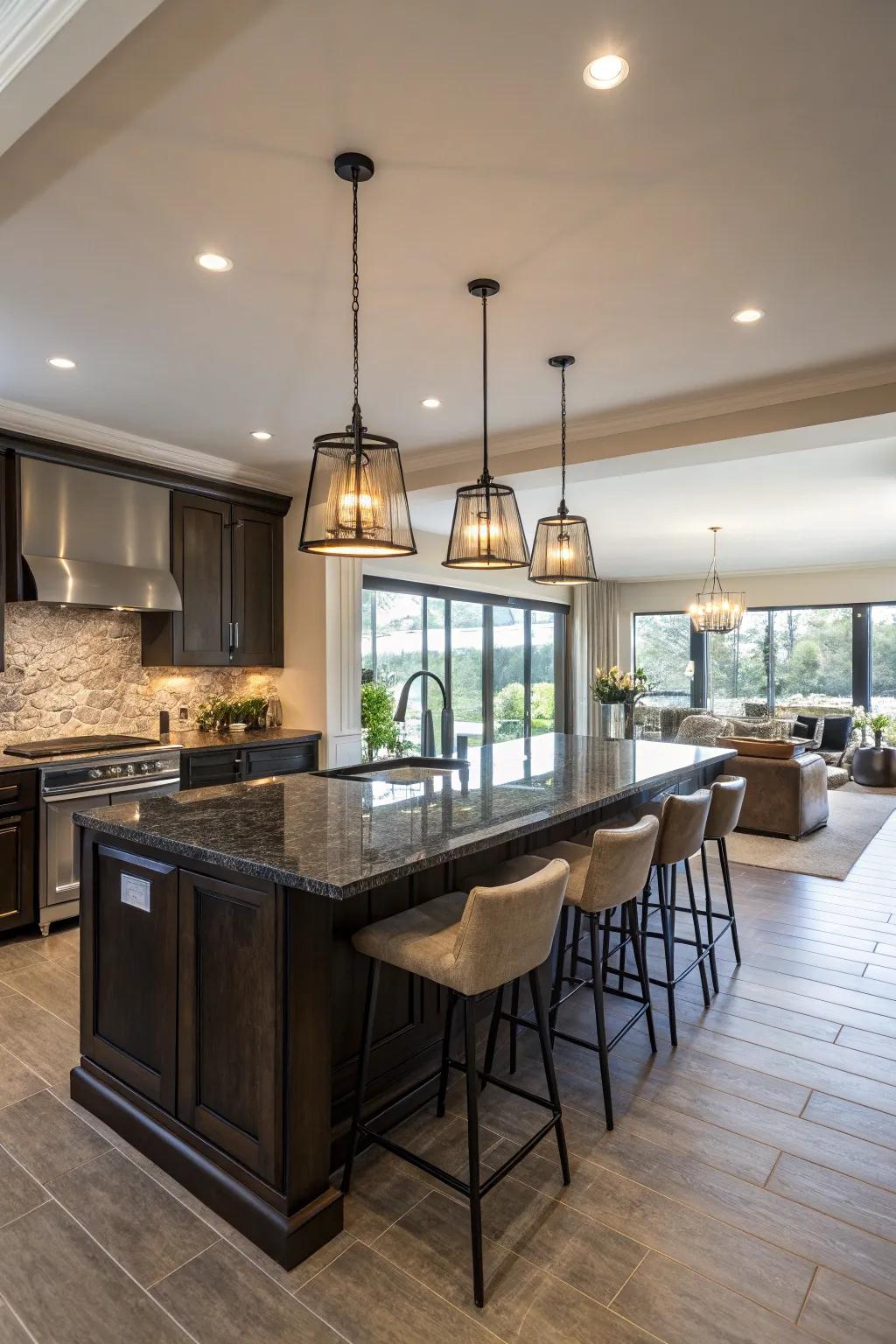 A kitchen island that serves dual purposes as a dining and work area.