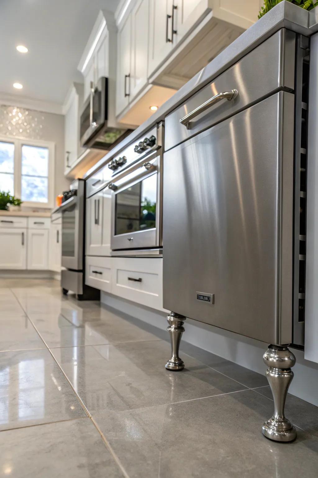 Metallic supports enrich kitchen designs with a contemporary gleam.