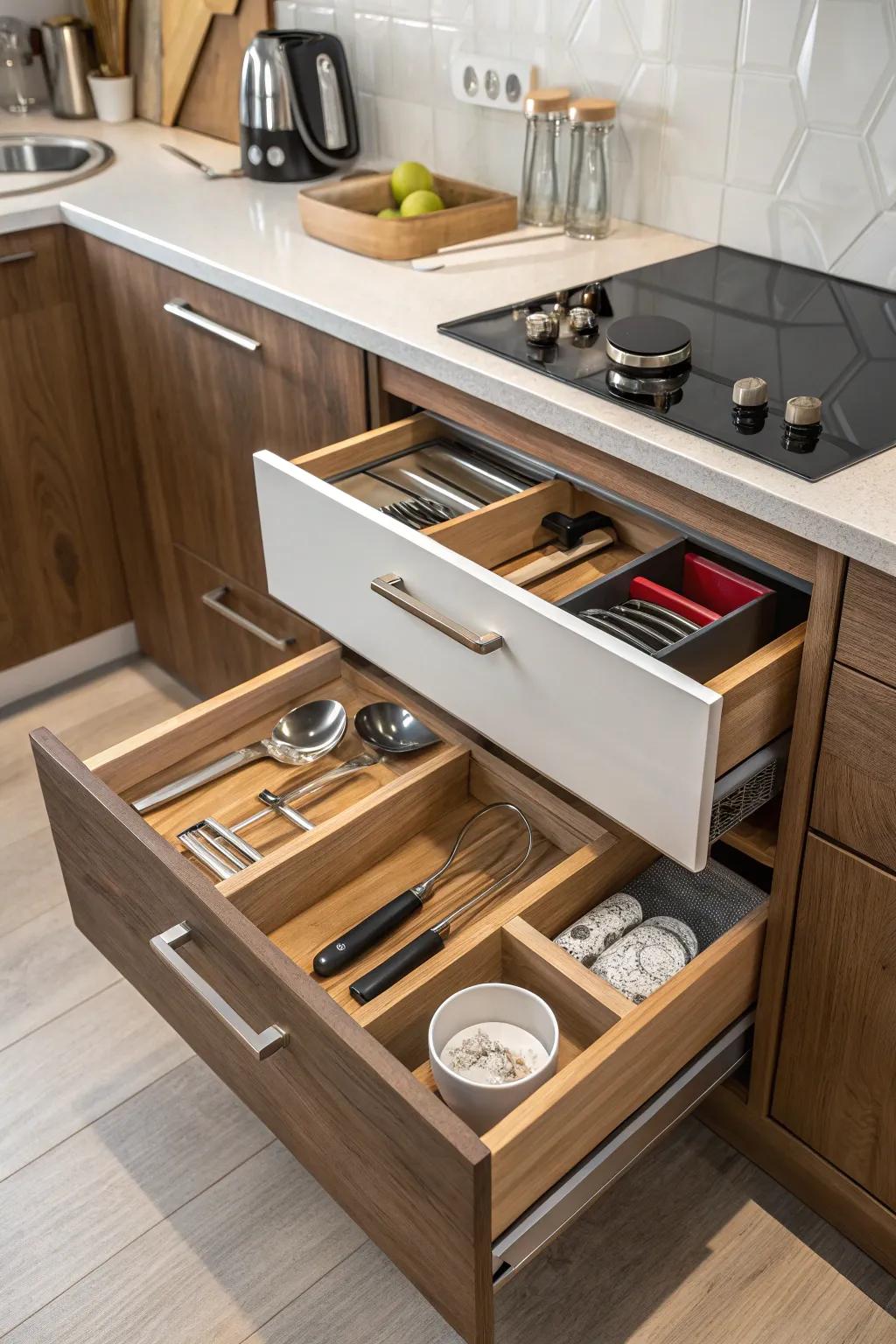 Slanted drawers offer streamlined and effective storage solutions.