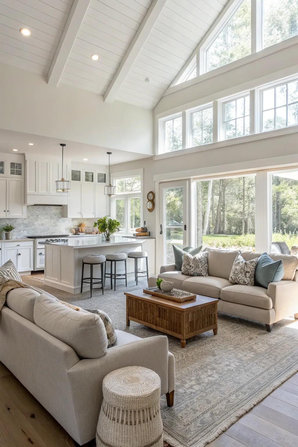 Light hues evoke a revitalizing and roomy ambiance in this open-plan setting.