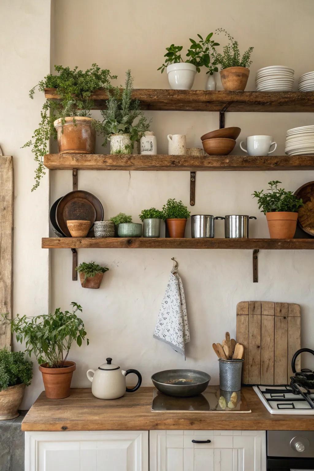 Rustic wooden shelves add warmth and charm.