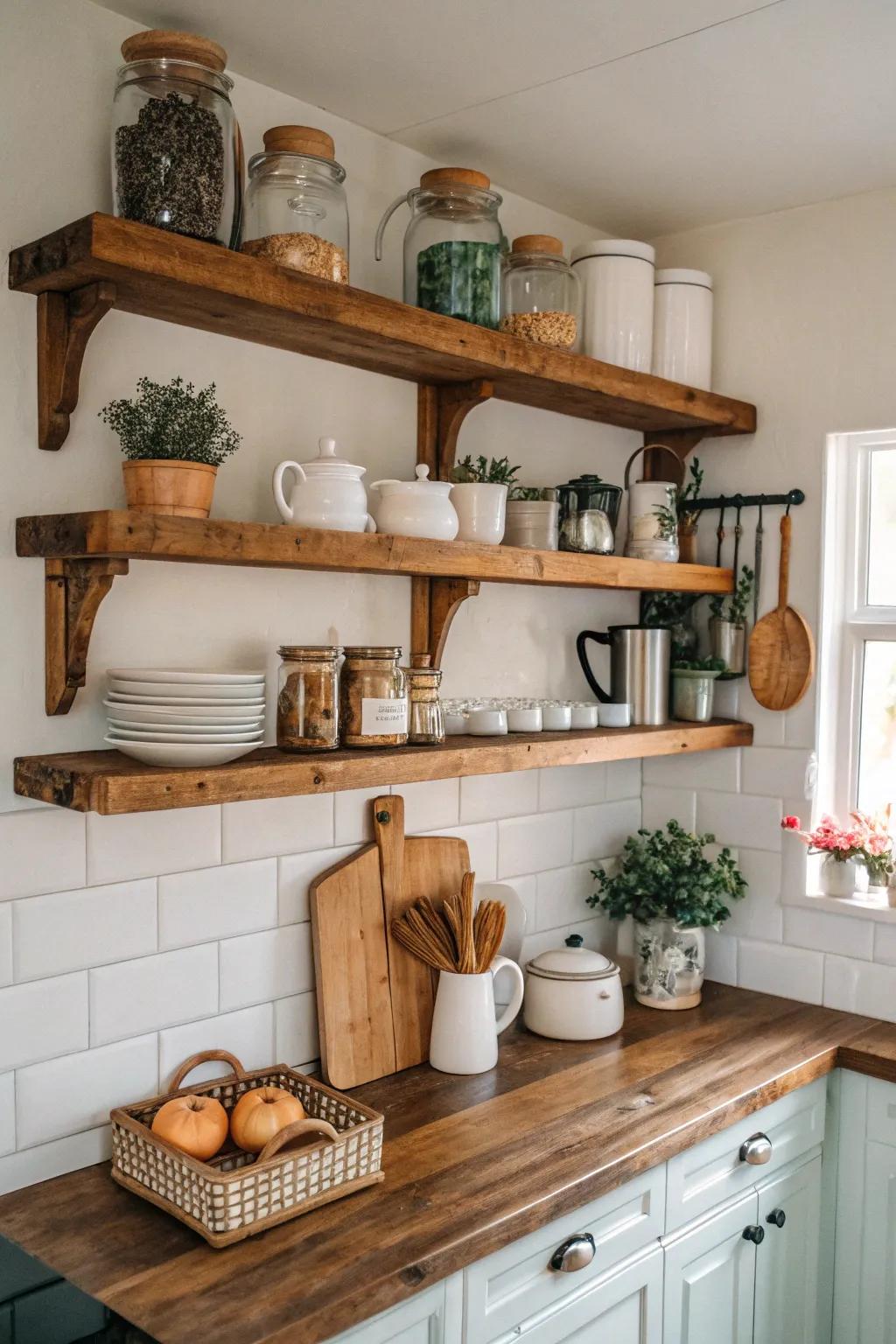 Reclaimed wood shelves bring warmth and character to any kitchen.