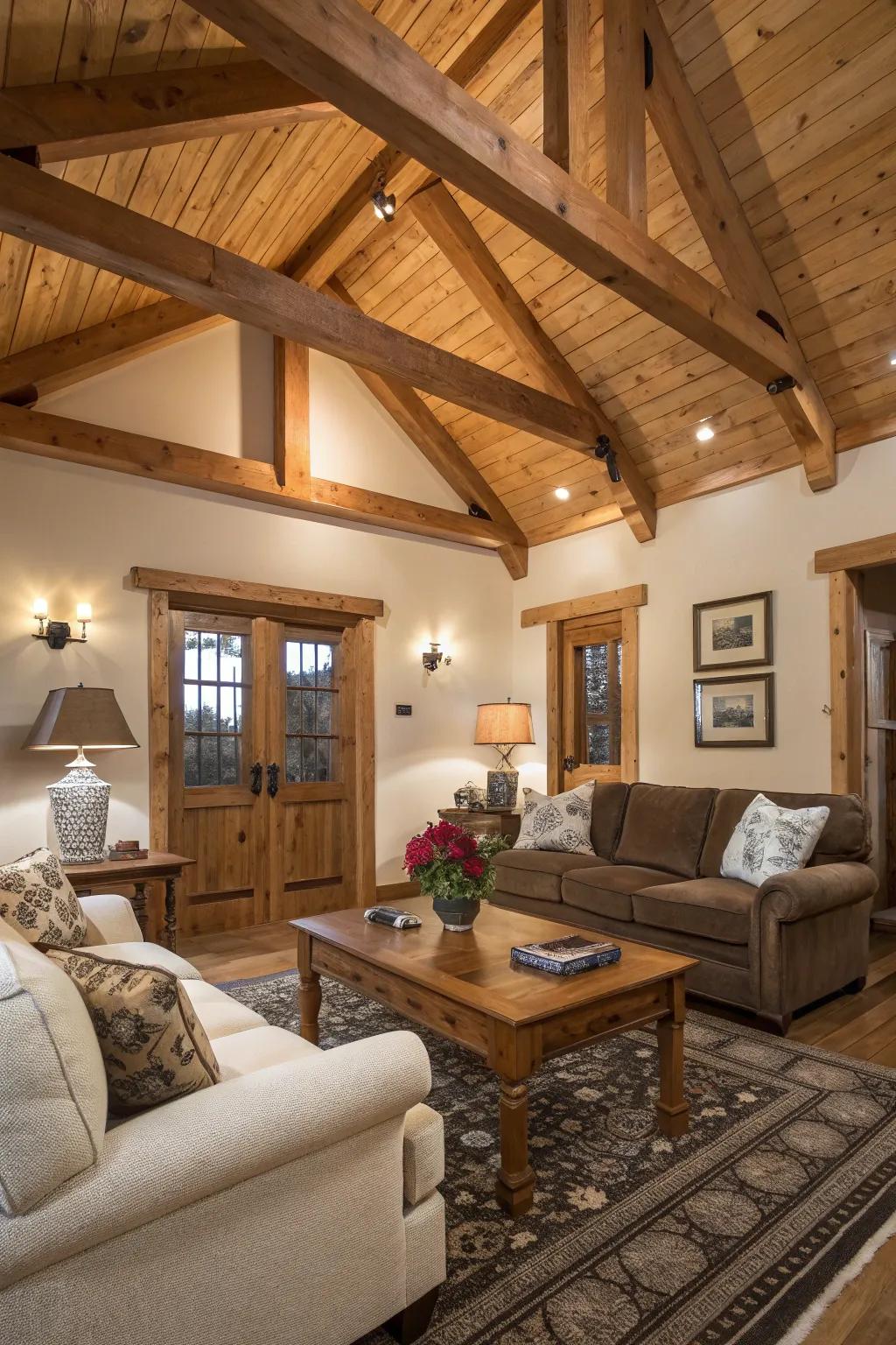 A living area displaying the splendor of visible structural timbers and rough-sawn fir.
