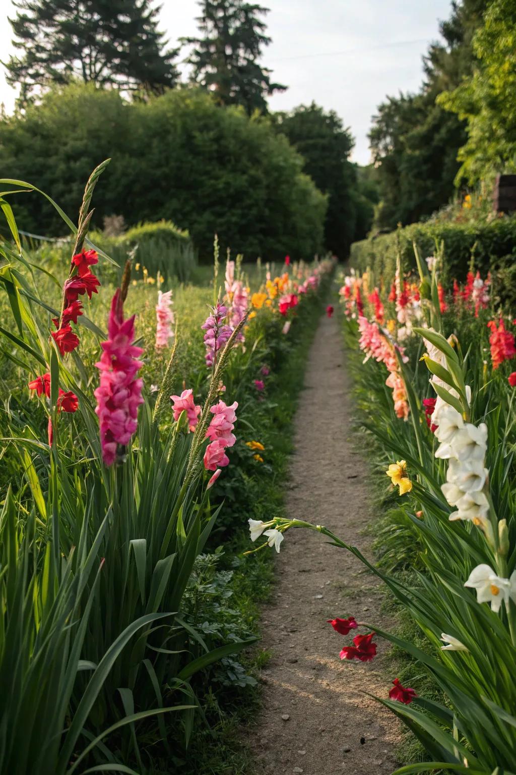 Gladiolus defining a garden path with elegance and color.