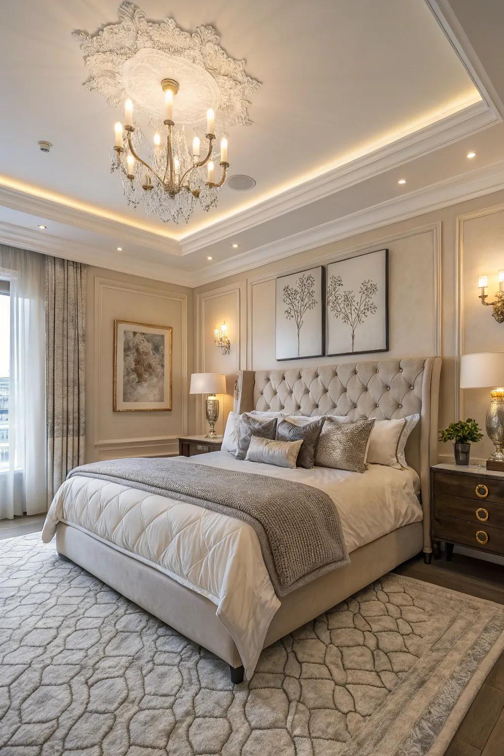 A sophisticated boudoir featuring sizable crown molding, engendering a tranquil and elegant atmosphere.