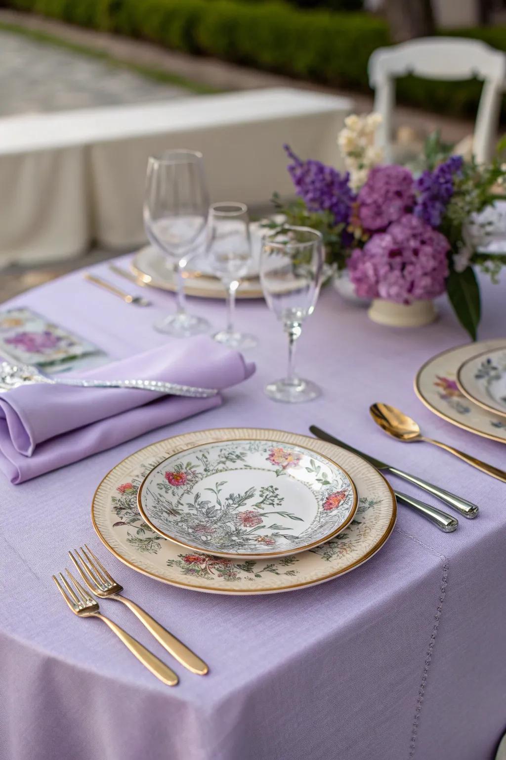 A sophisticated table setup that perfectly balances lavender and silver elements.