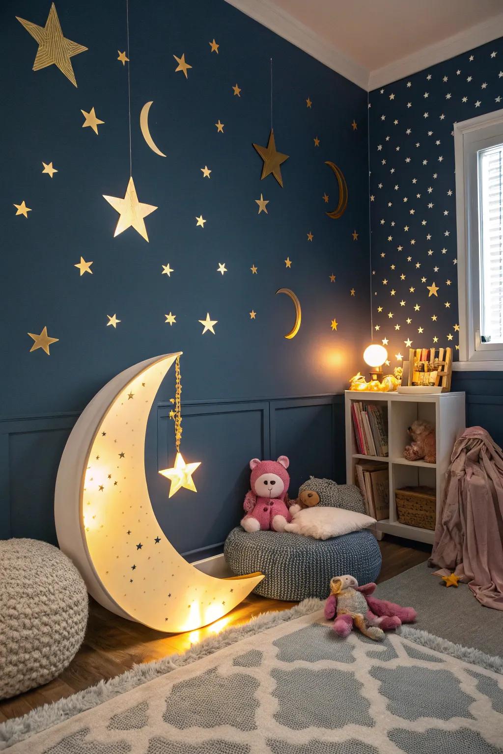 A dreamy night sky theme with starry walls.