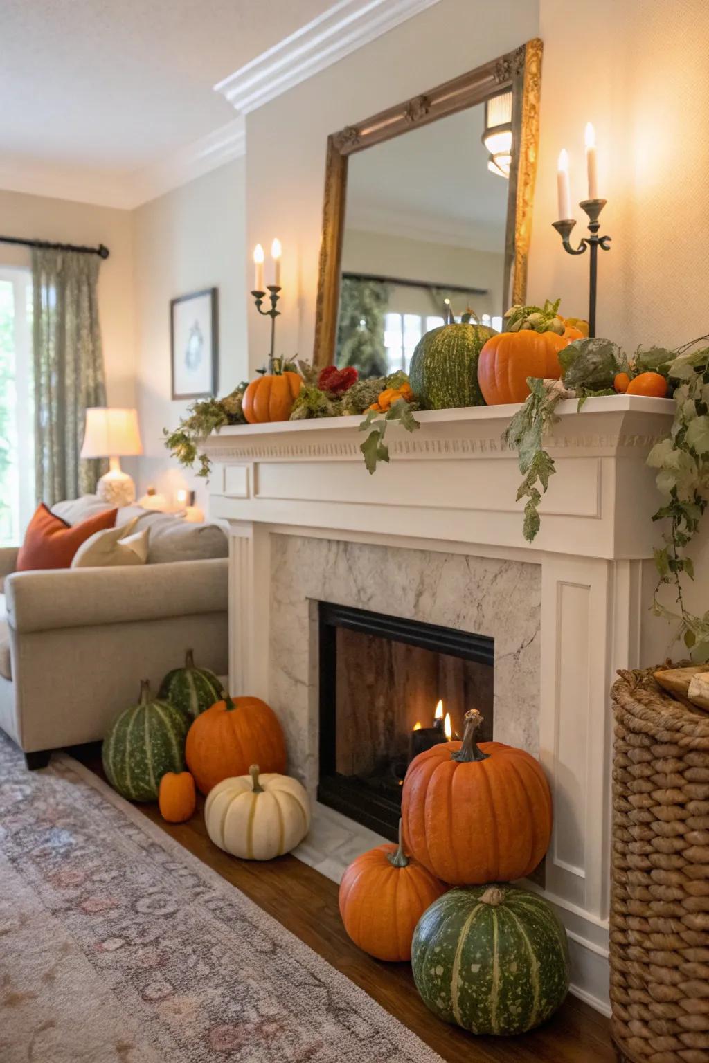 Pumpkins and gourds add a playful fall touch to this living room mantel.