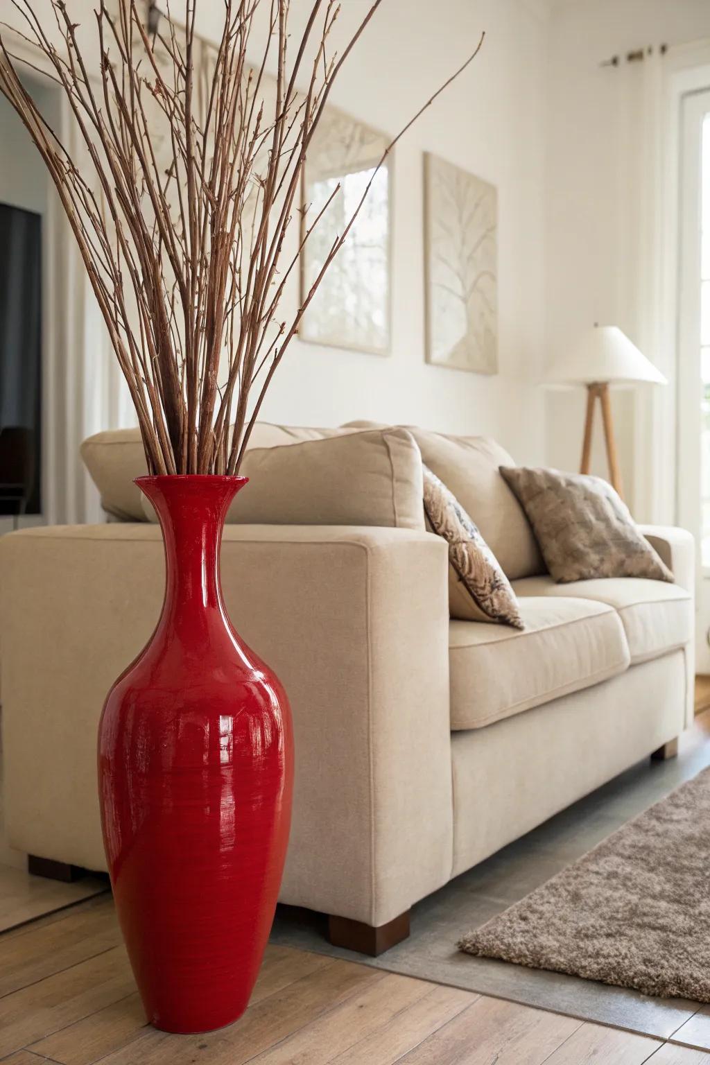 A vibrant crimson floor vase provides a striking focal point in a room with neutral hues.