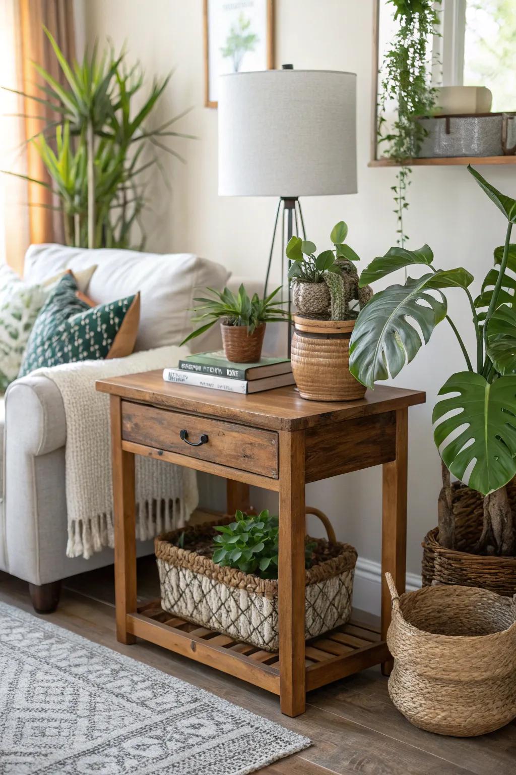 Wooden side tables bring a natural touch to any living room.