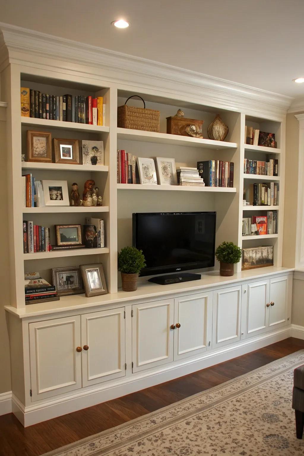 Built-in shelving around the TV creates a harmonious and functional focal point.