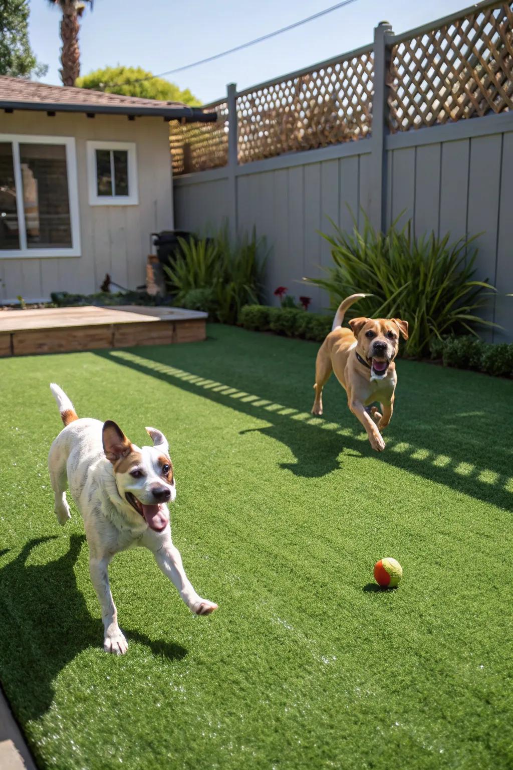 A vibrant pet haven featuring easy-care faux turf.