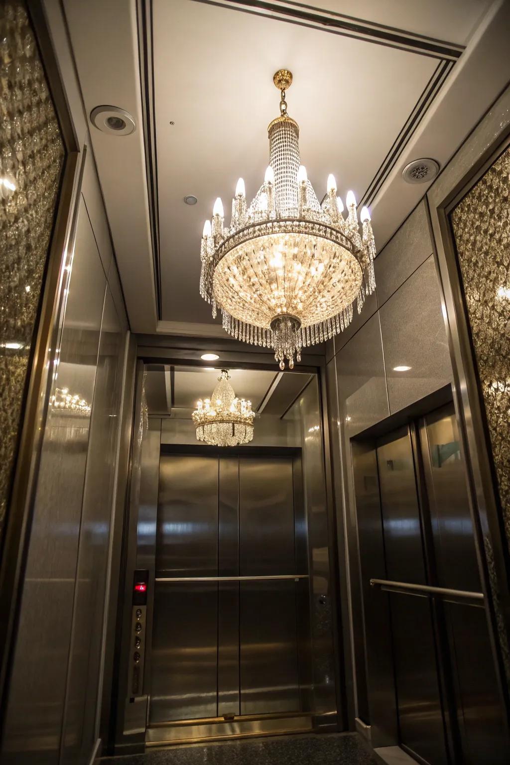 An exquisite chandelier brings a touch of sparkle to a tasteful elevator interior.