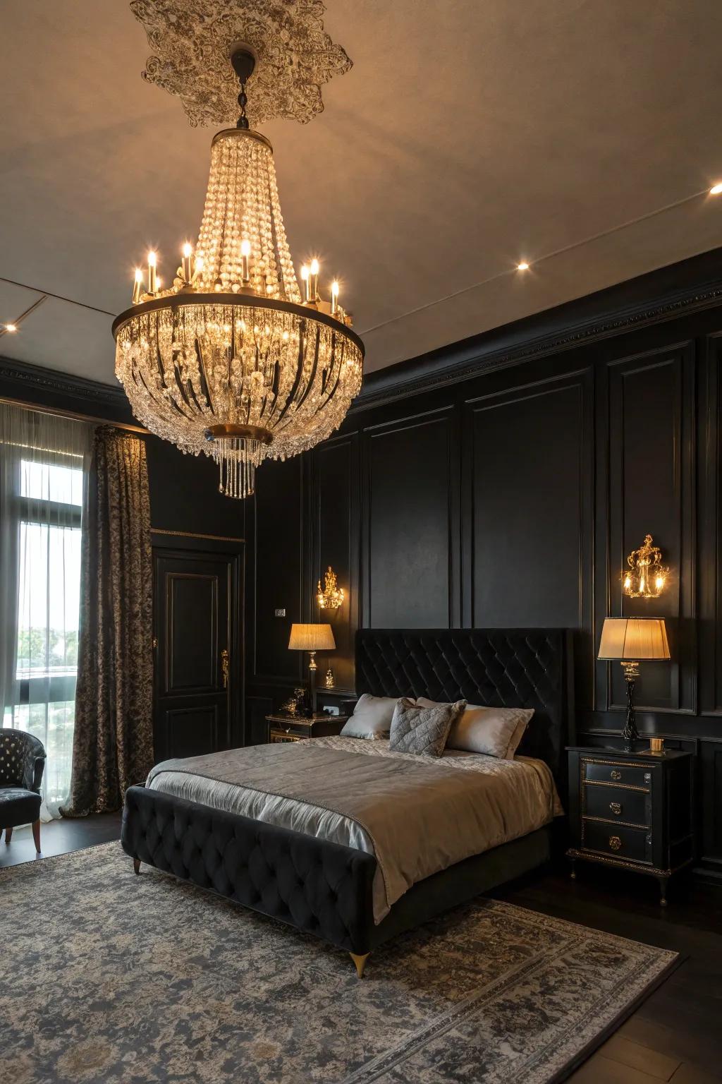 A black bedroom featuring a stunning chandelier, bathing the room in warmth and elegance.