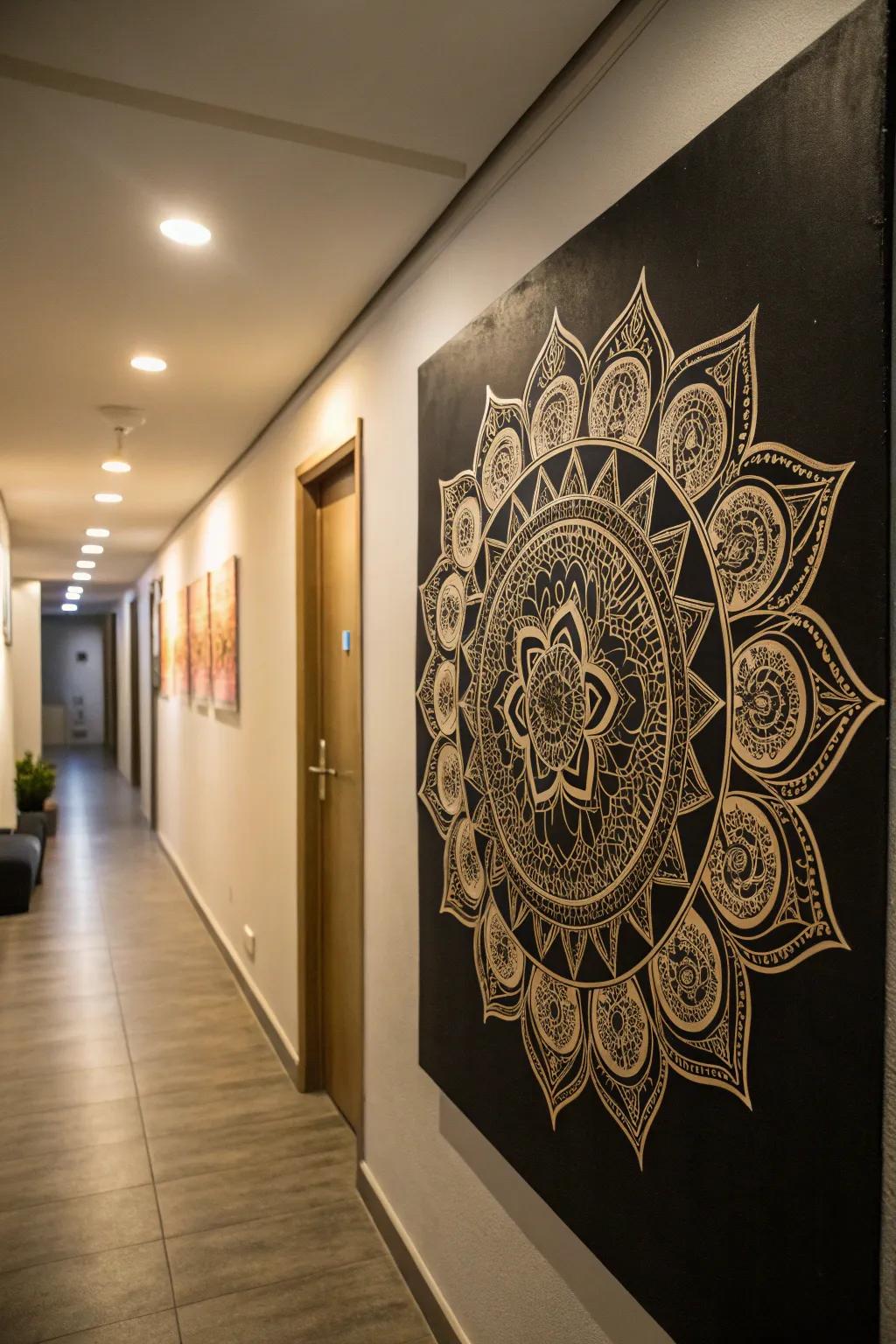 A gleaming circular motif design on black artboard, crafting a striking hallway feature.