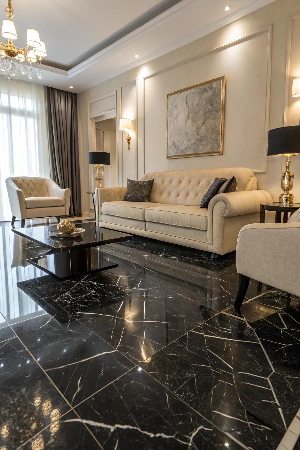 Strong black marble flooring produces a striking and elegant living area.