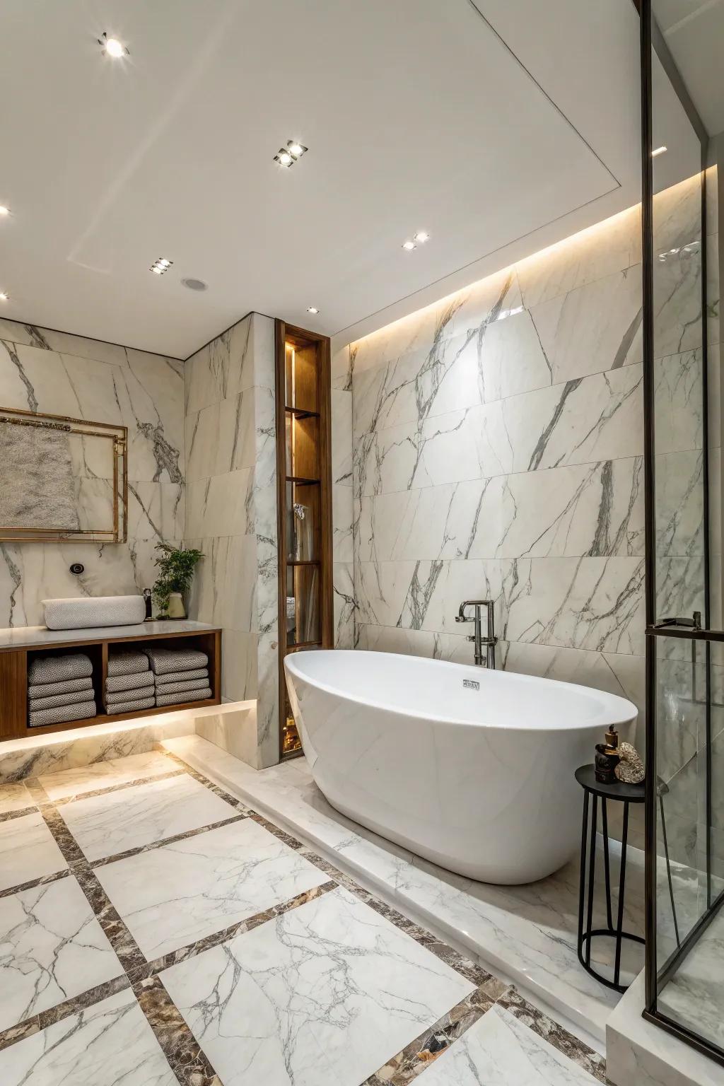 A stunning freestanding bathtub surrounded by marble porcelain tiles, creating a luxurious focal point.