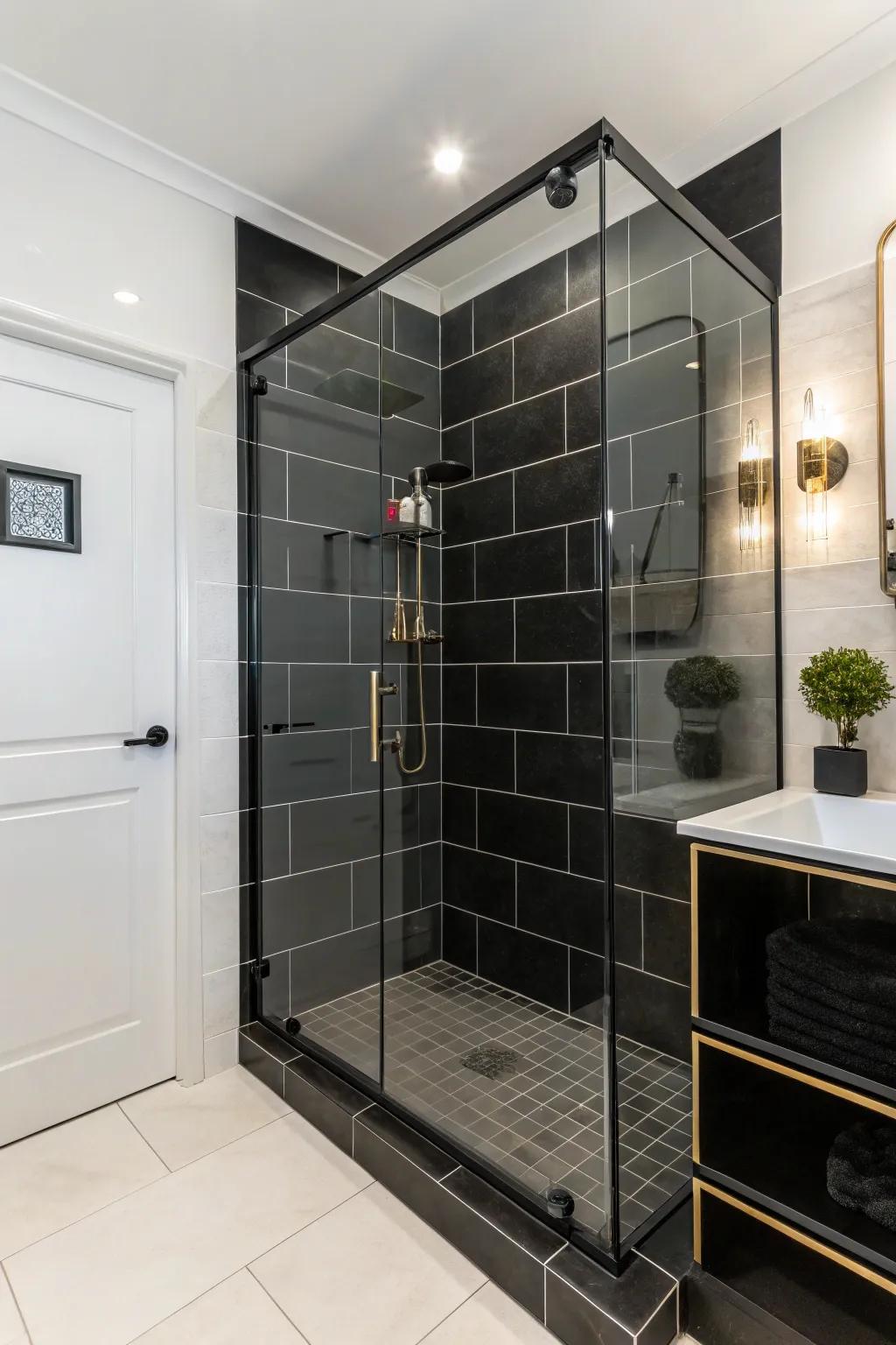 A modern shower featuring striking black tiles and sleek fixtures for a dramatic visual.