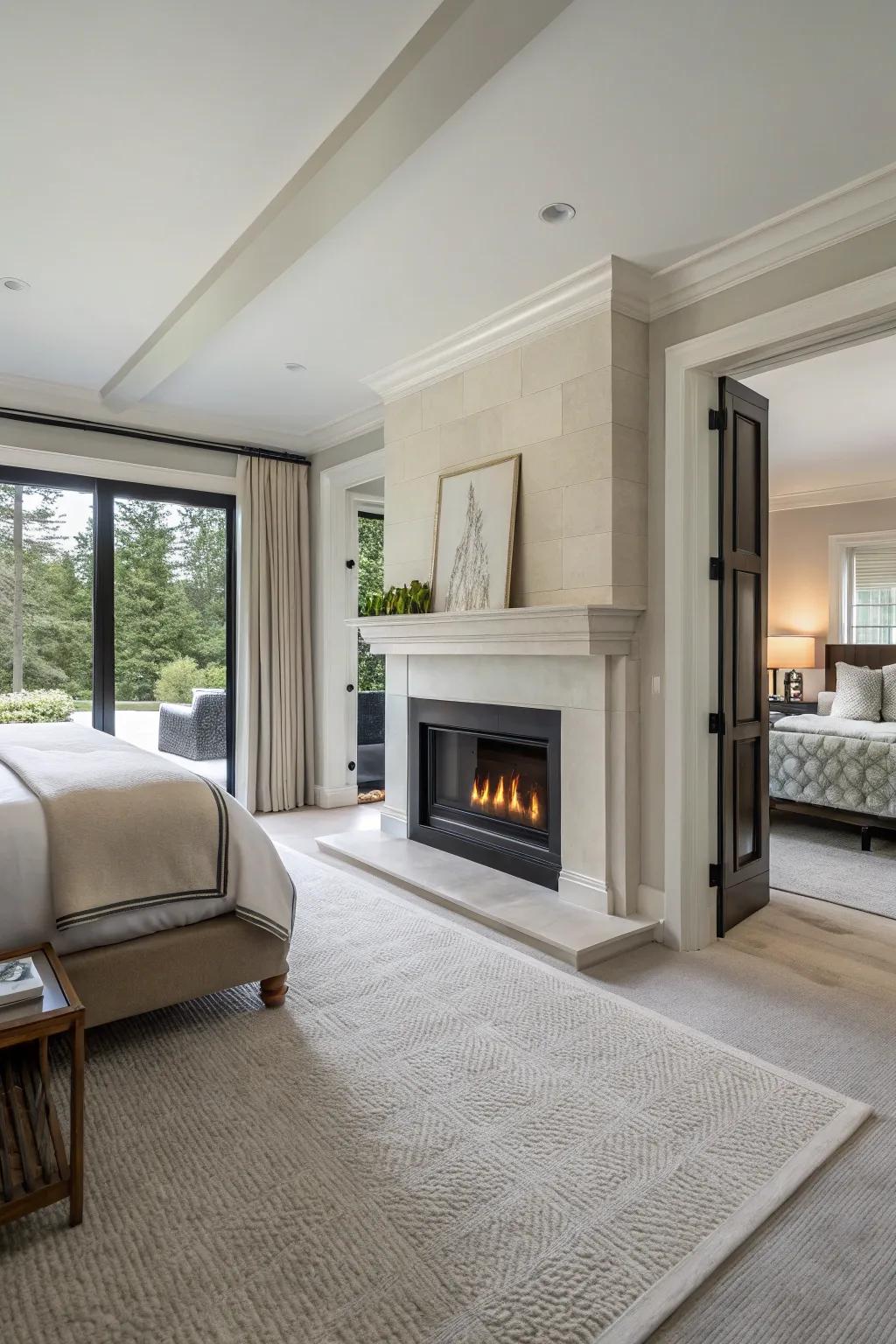 A modern minimalist fireplace brings elegant simplicity to your bedroom.