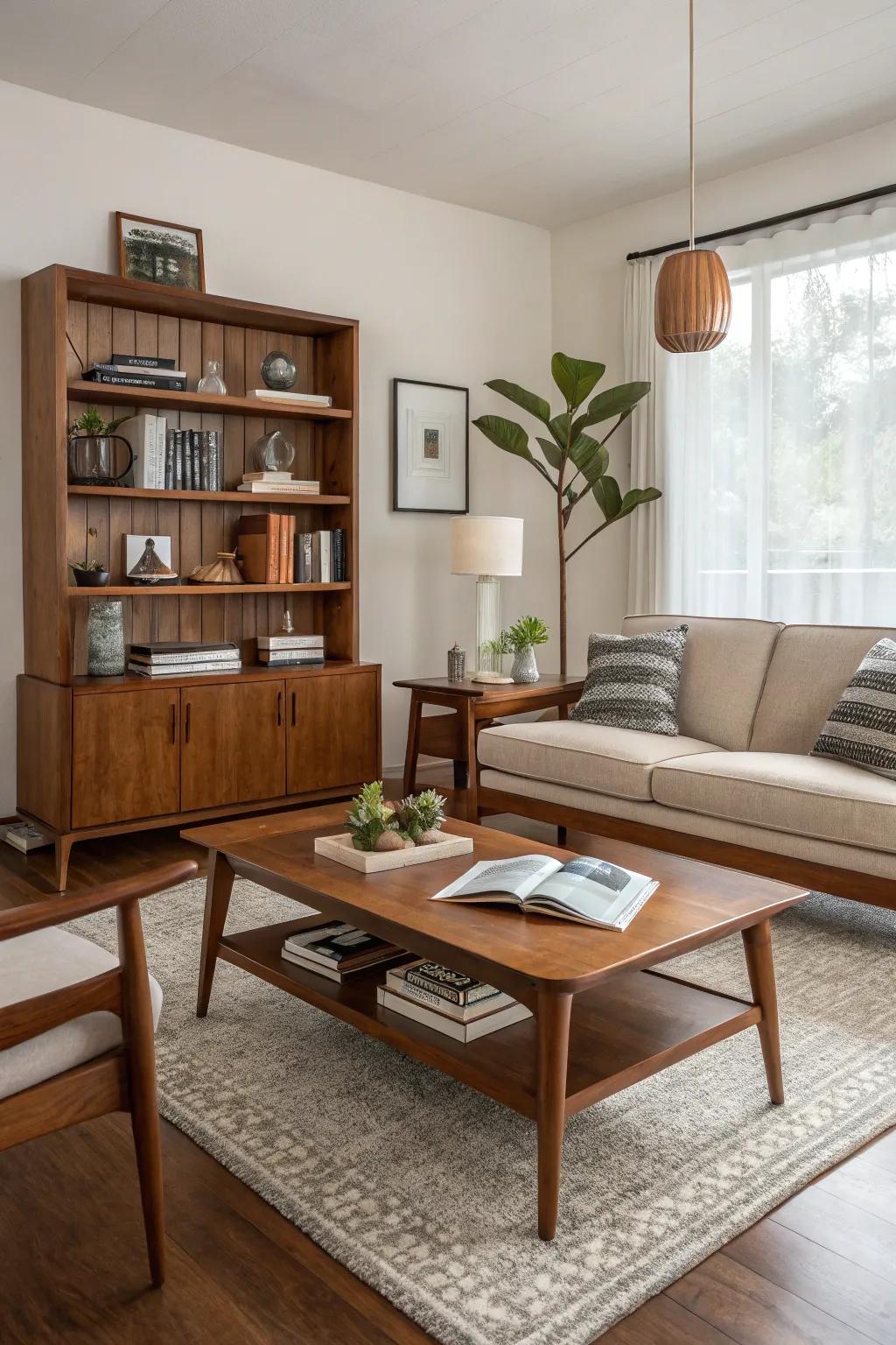 Wooden elements with clean lines bring warmth to a mid-century modern living room.