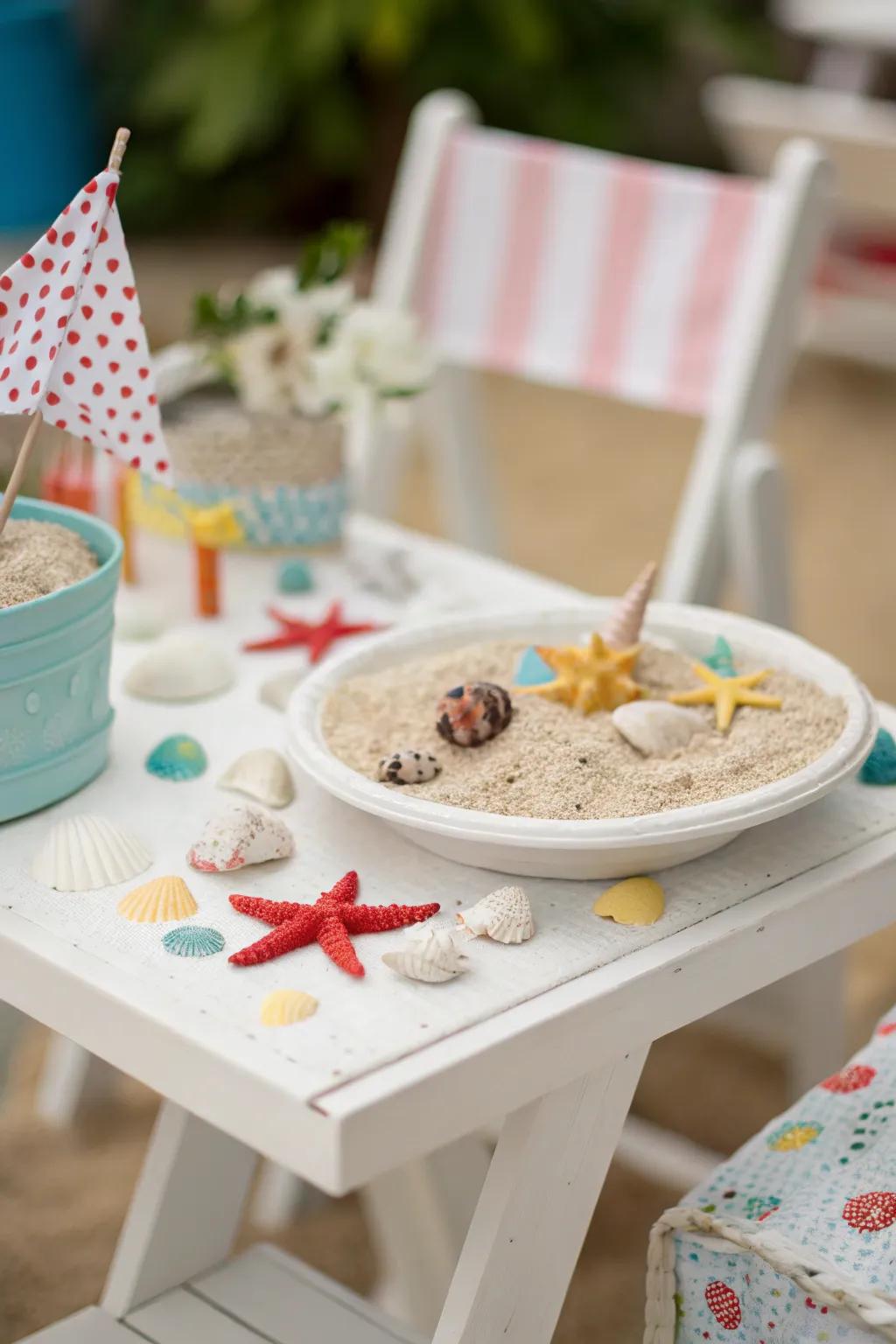 A miniature beach-themed table arrangement, great for a fun and vibrant party atmosphere.