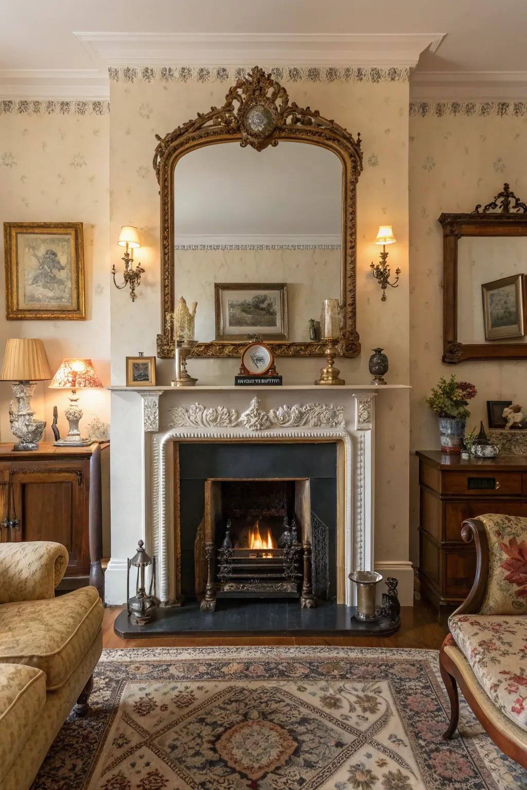 Ornate vintage mirrors add a touch of history to your fireplace.