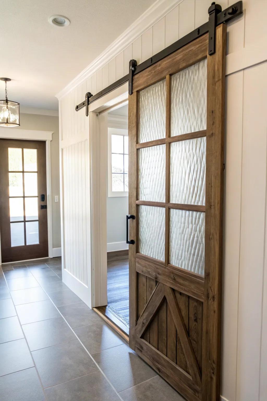 Glass panels in barn doors bring light into darker spaces with style.