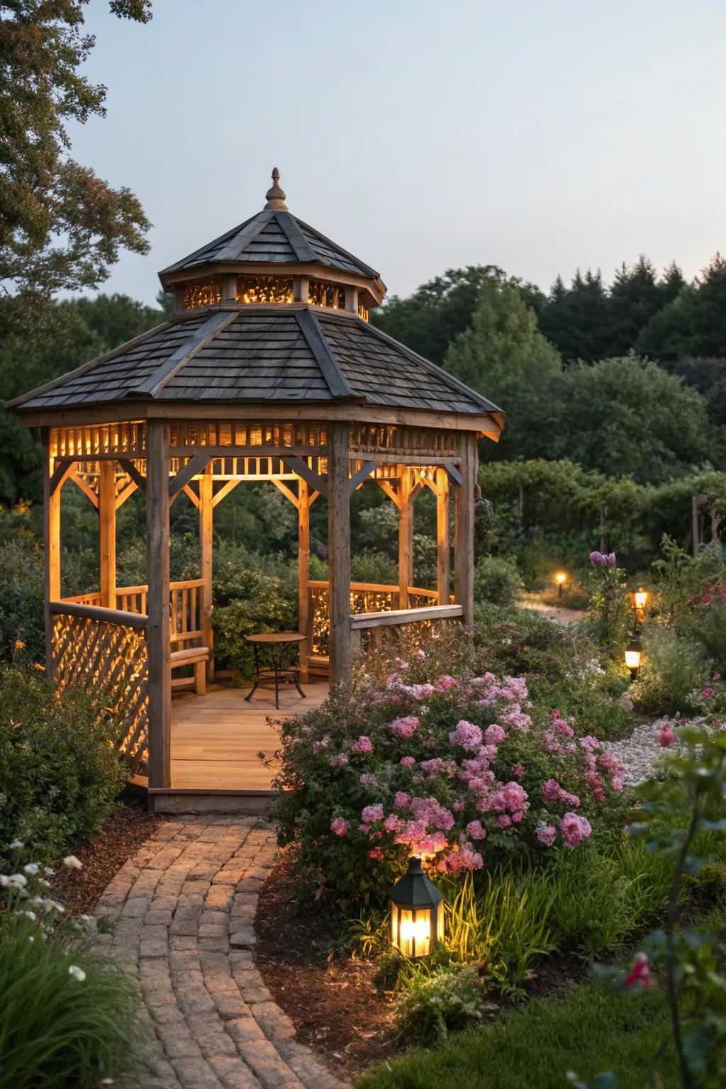 A rustic wood slat gazebo offering a cozy and inviting outdoor retreat.