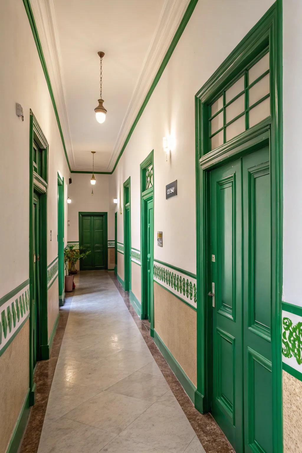 Balanced and welcoming hallway with neutral walls enhanced by vibrant pops of color.