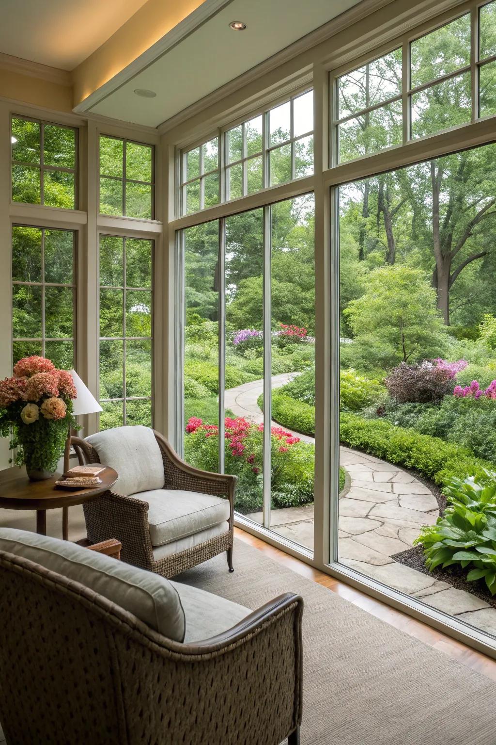 A bright space featuring expansive windows that connect the interior with the outdoors.