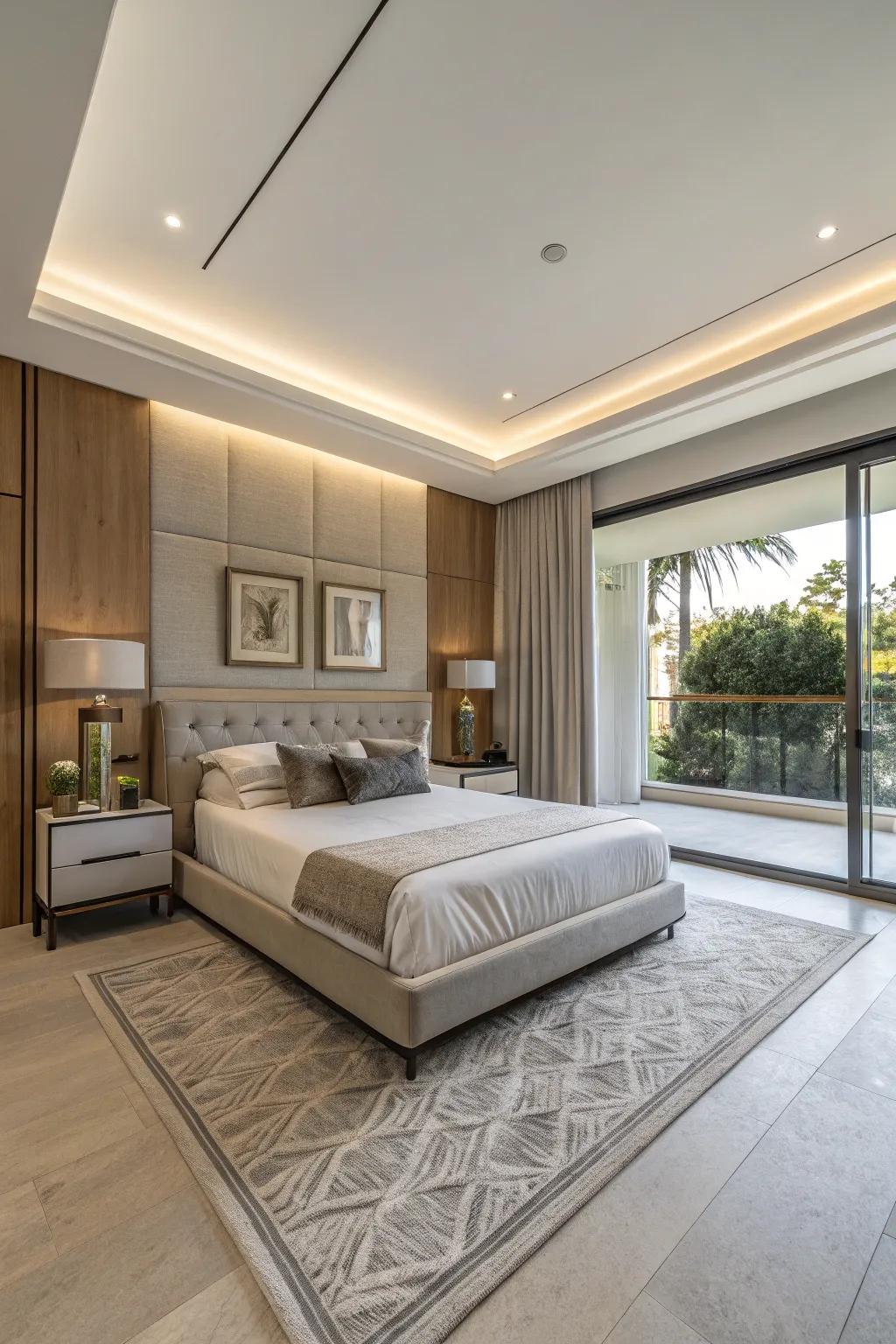 A modern bedroom displays minimalist furniture to create a spacious atmosphere.