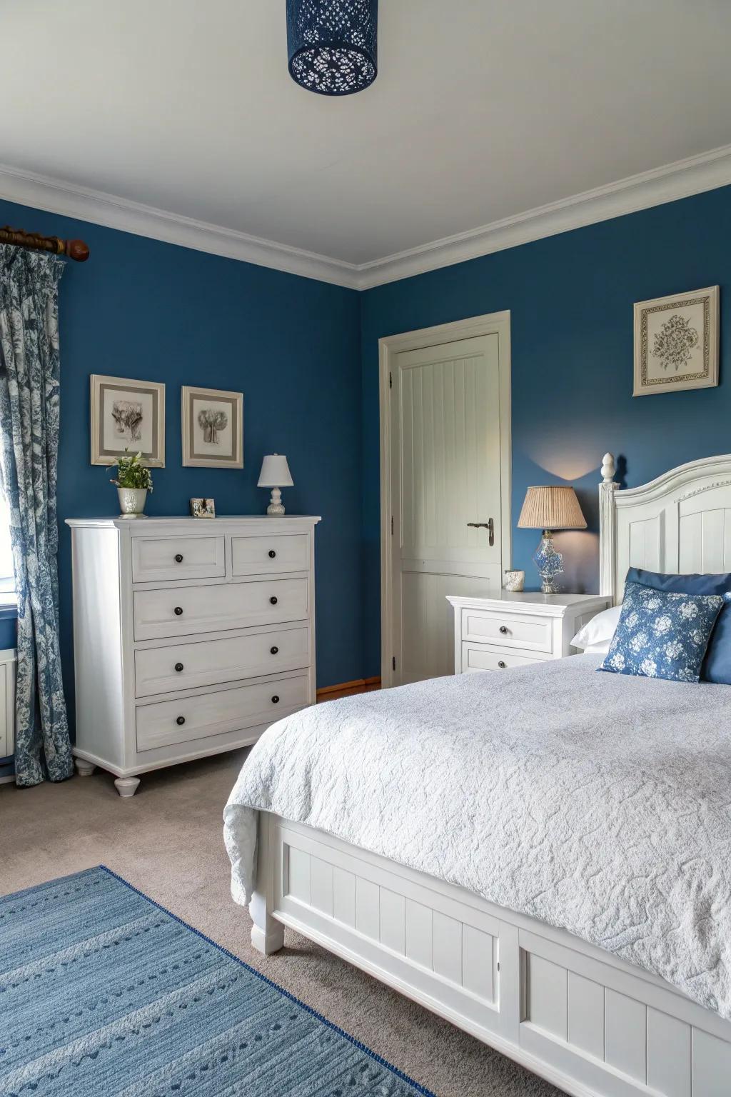 The crisp white furnishings establish a lovely contrast against the royal blue walls, injecting a revitalizing element.