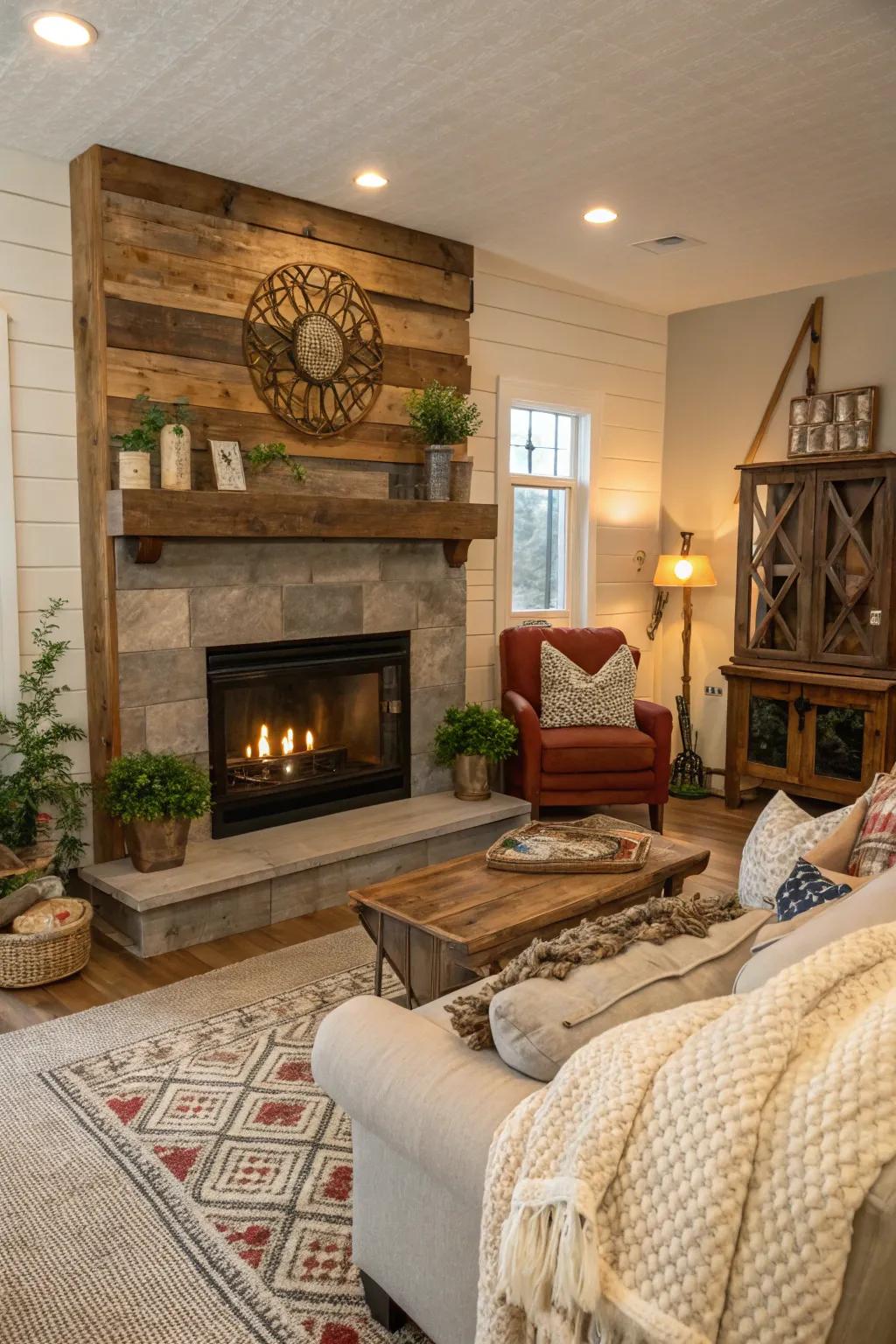 A cozy living area featuring a reclaimed wood shiplap fireplace.