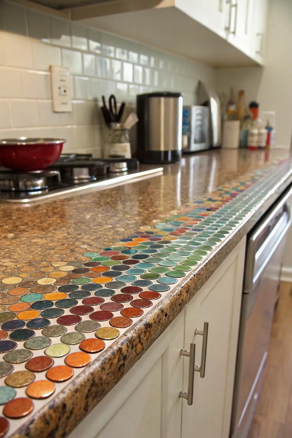 Penny tiles add a playful and vibrant texture to this kitchen.