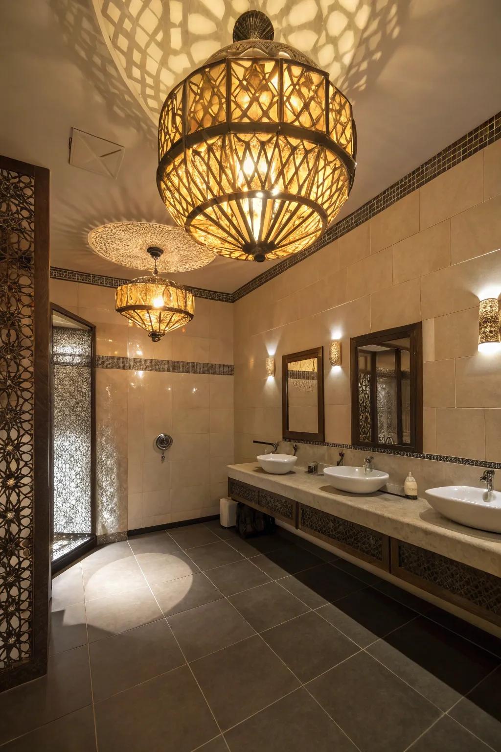 Eye-catching lighting enhances the moody feel of your bathroom.