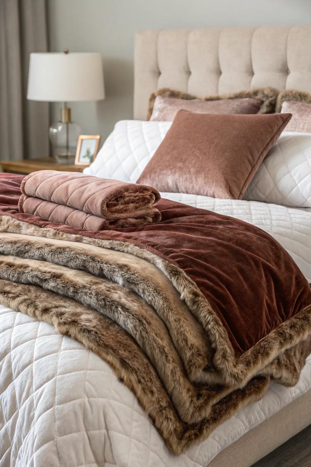 A bed adorned with layered satin and artificial fleece bedding.