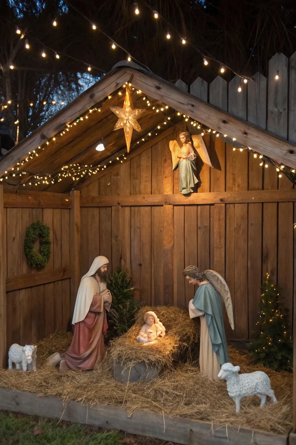 A rustic wooden stable crafts a charming, authentic backdrop.