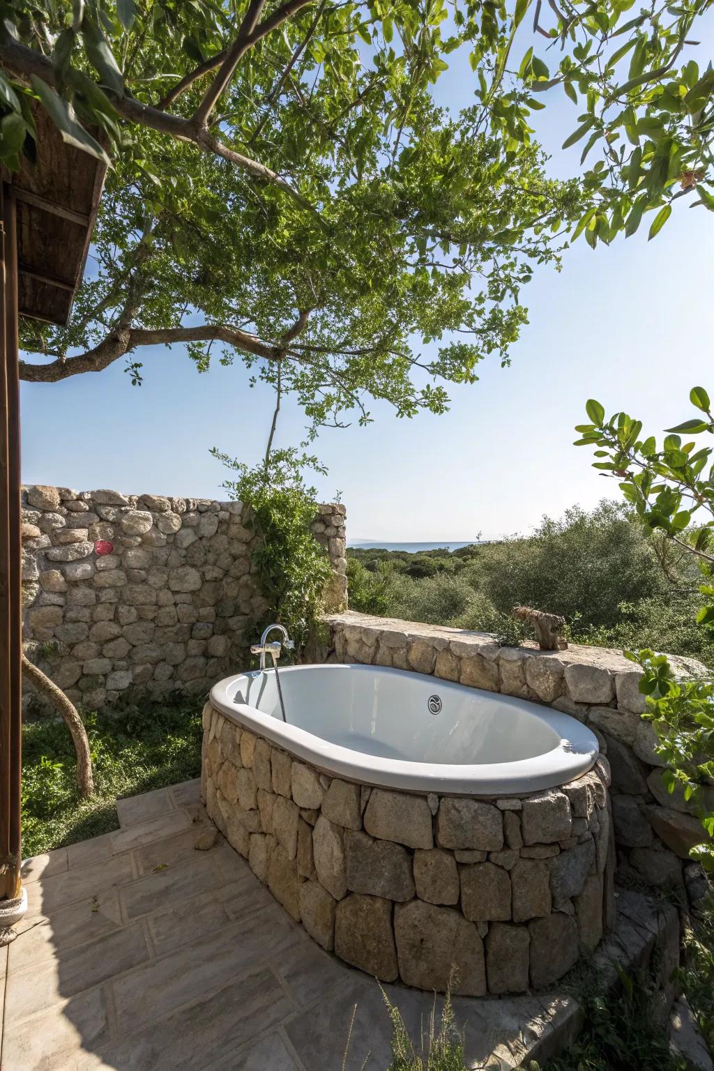 Design a stone haven for a peaceful bathing experience.