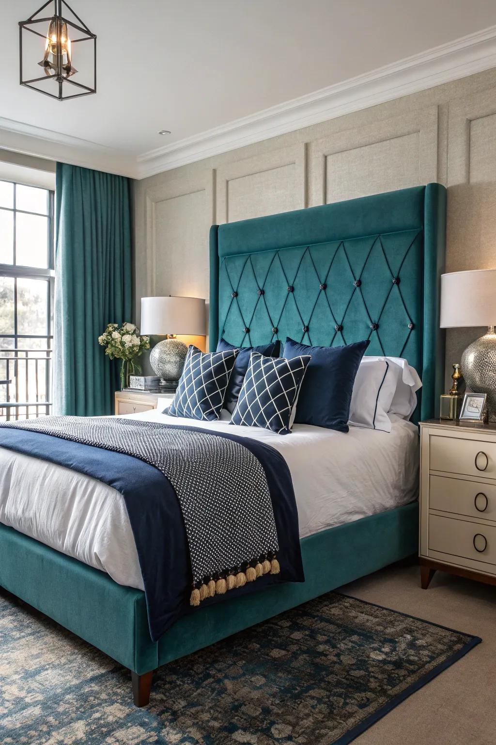 An aqua headboard introduces a lively centerpiece to your space.