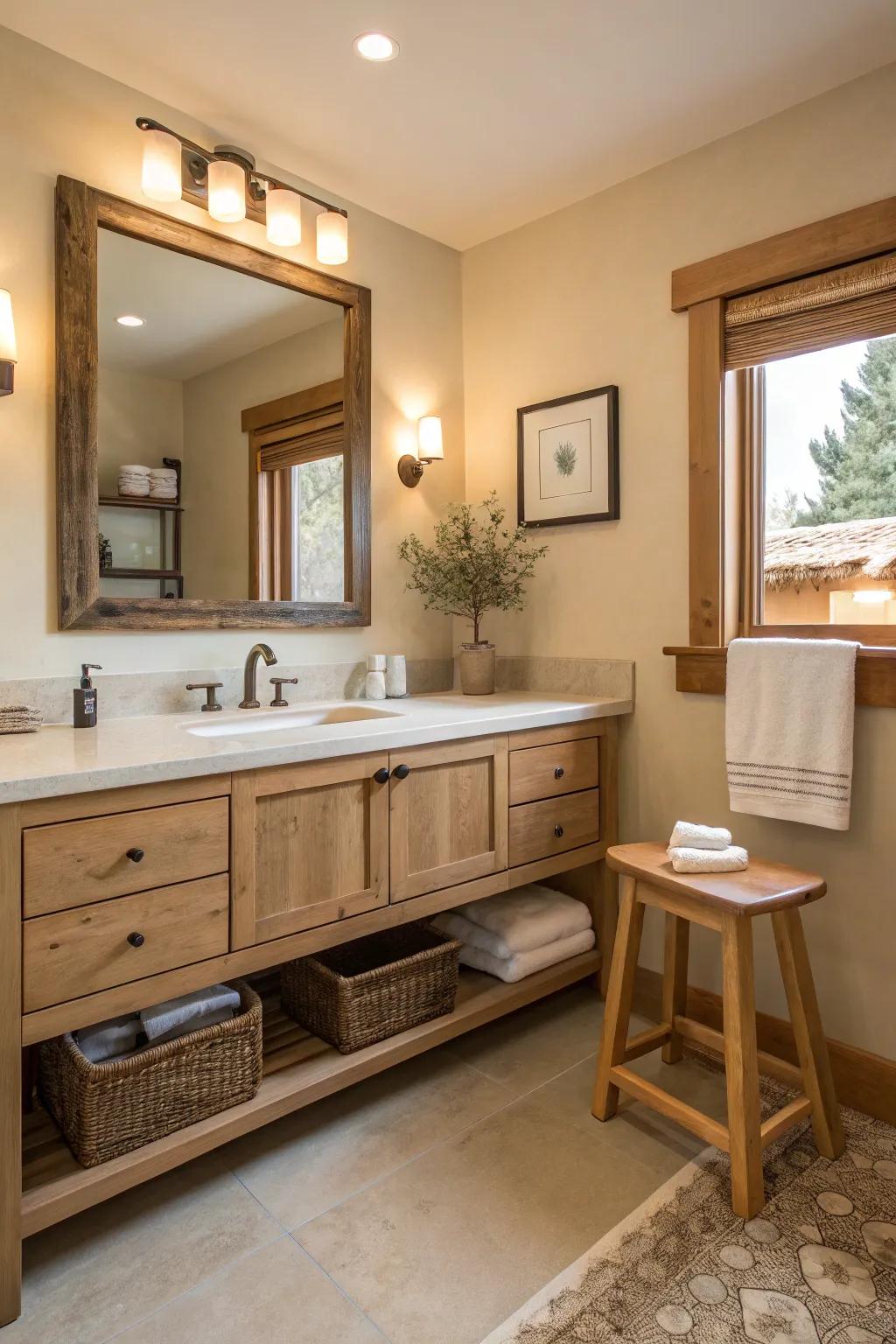 A natural wood vanity adds warmth to this neutral bathroom.