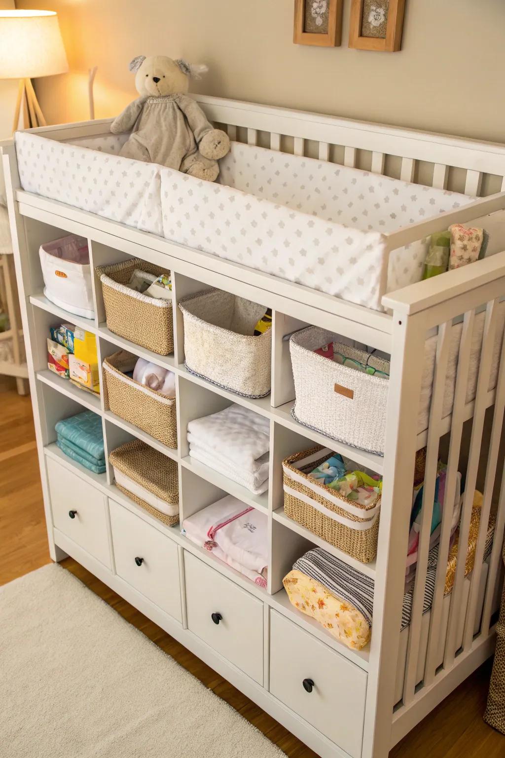A versatile baby bed featuring storage drawers, ideal for maximizing area.