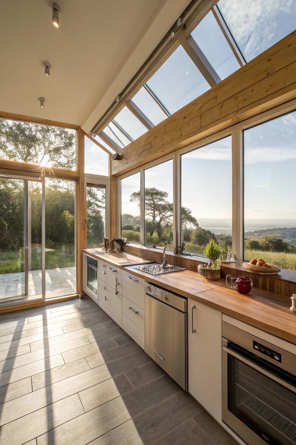 Sunlight flooding into an open kitchen through large windows.