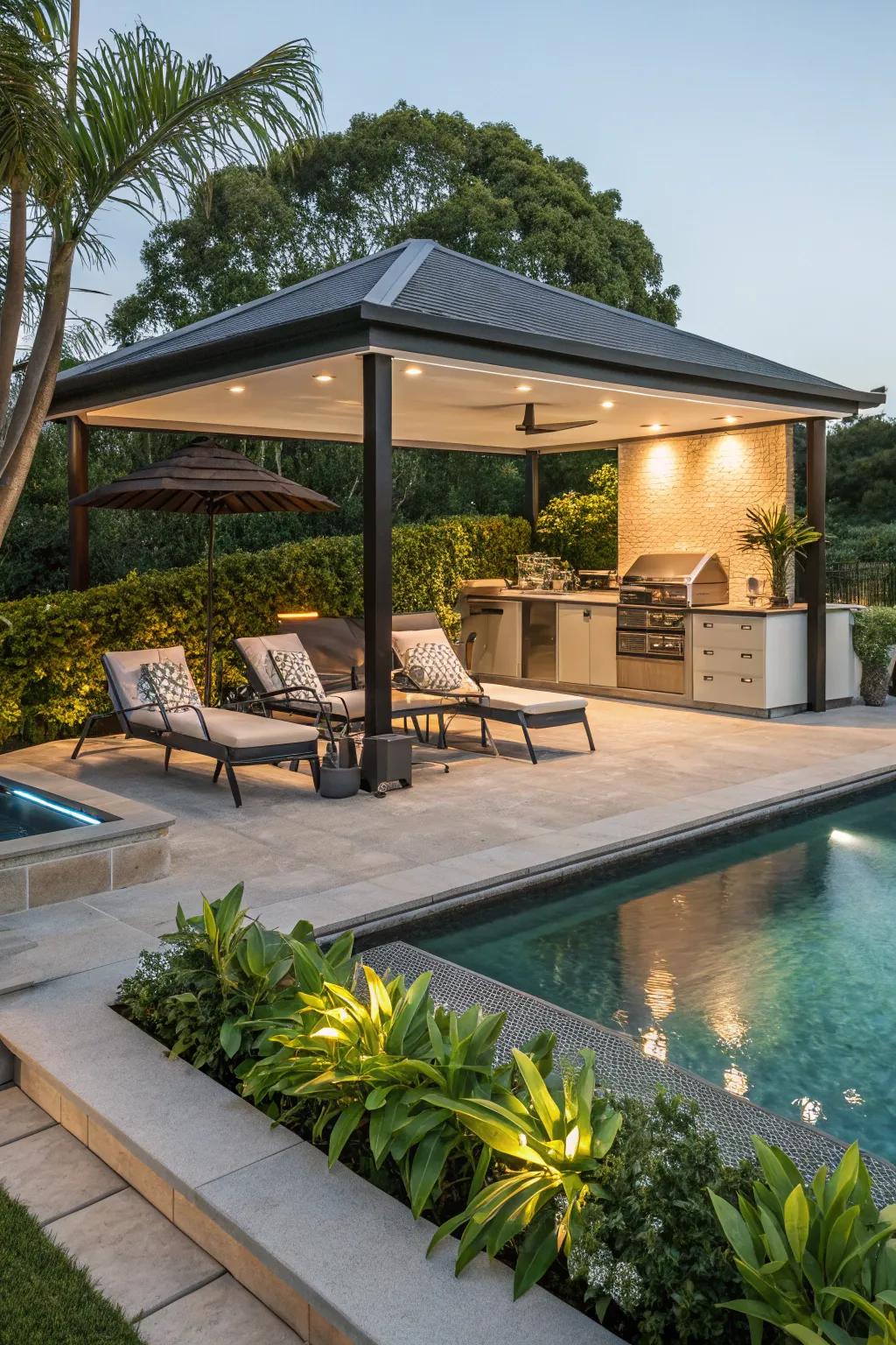 Design a poolside paradise with an outdoor kitchen gazebo.