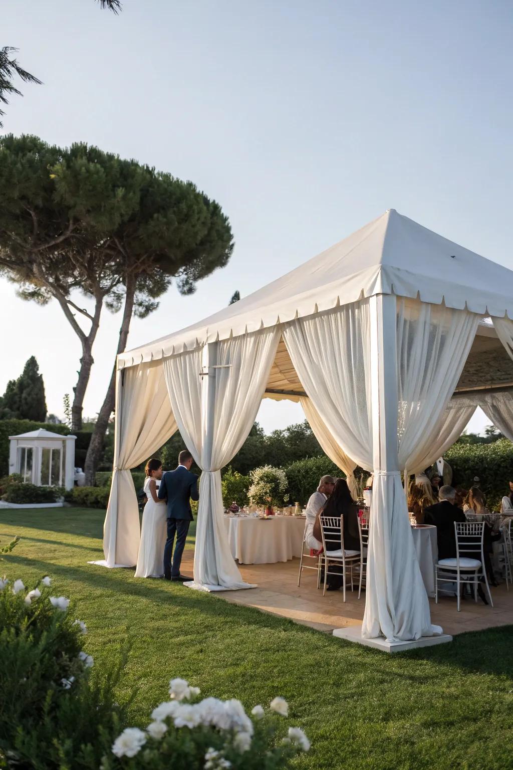 Elegant drapery adds a sophisticated touch to tented receptions.