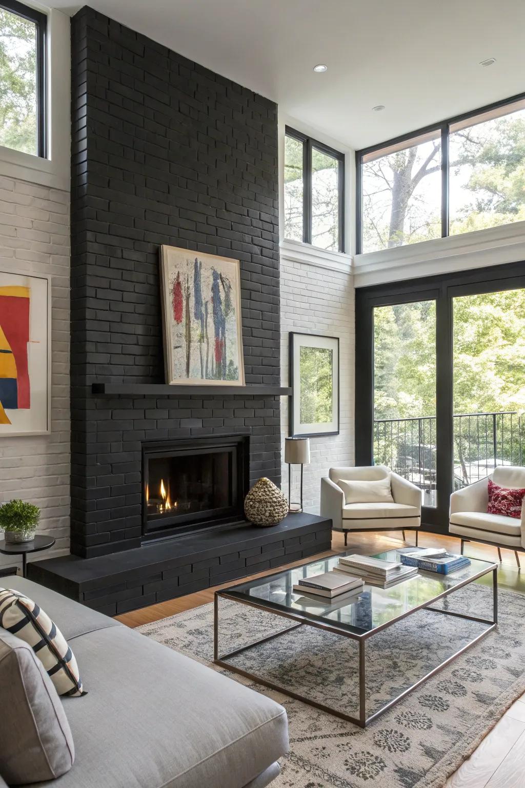 A fireplace painted in obsidian creates a compelling focal point.