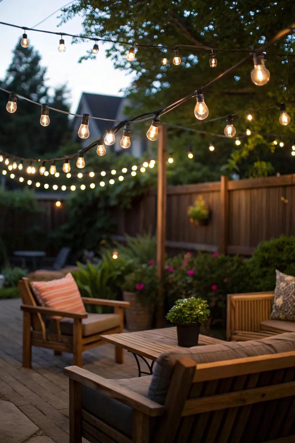 A patio glowing under hanging lights strung over a comfortable seating zone.